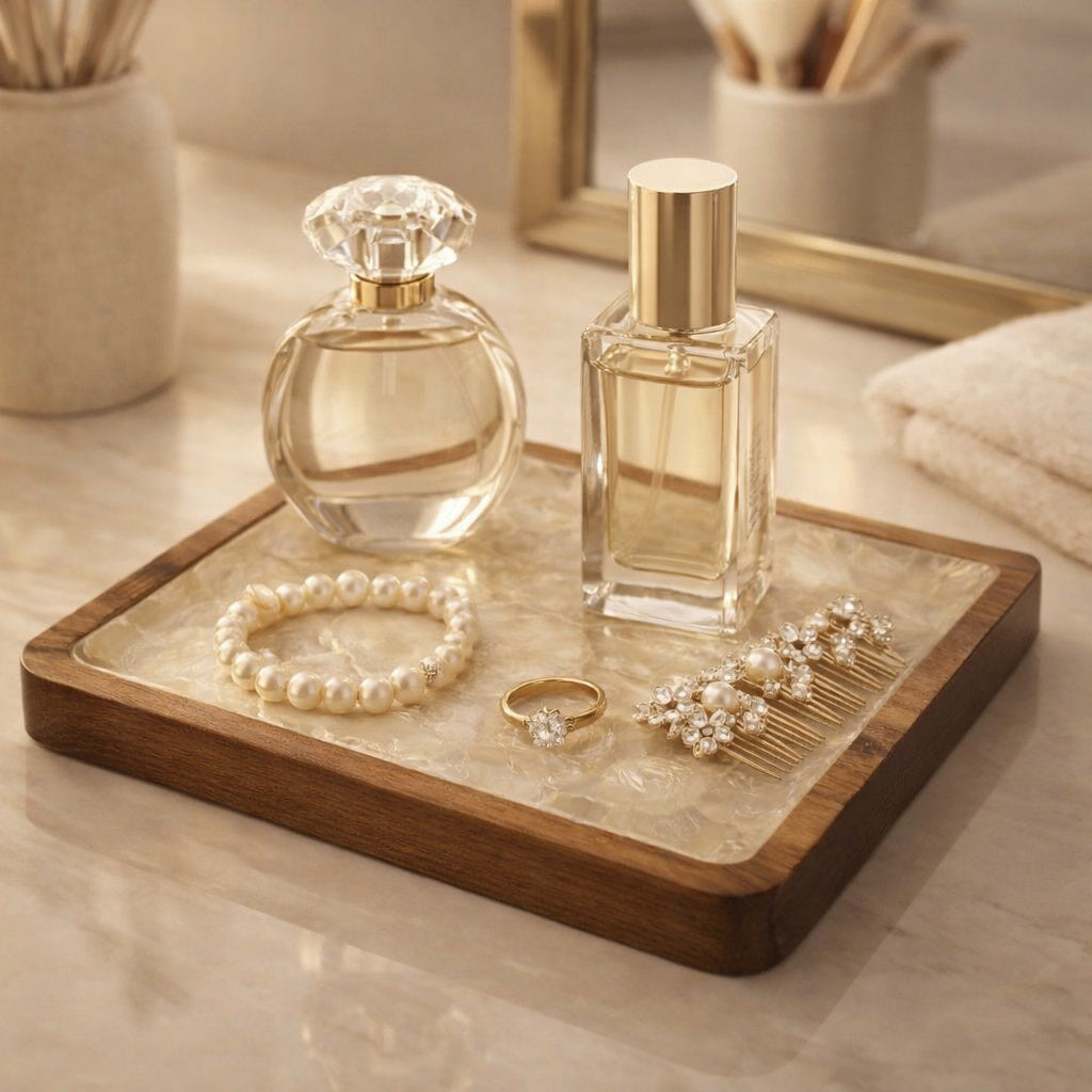 Handcrafted square tray featuring natural mother-of-pearl shell and hardwood styled in refined setting by Lumora Luxe