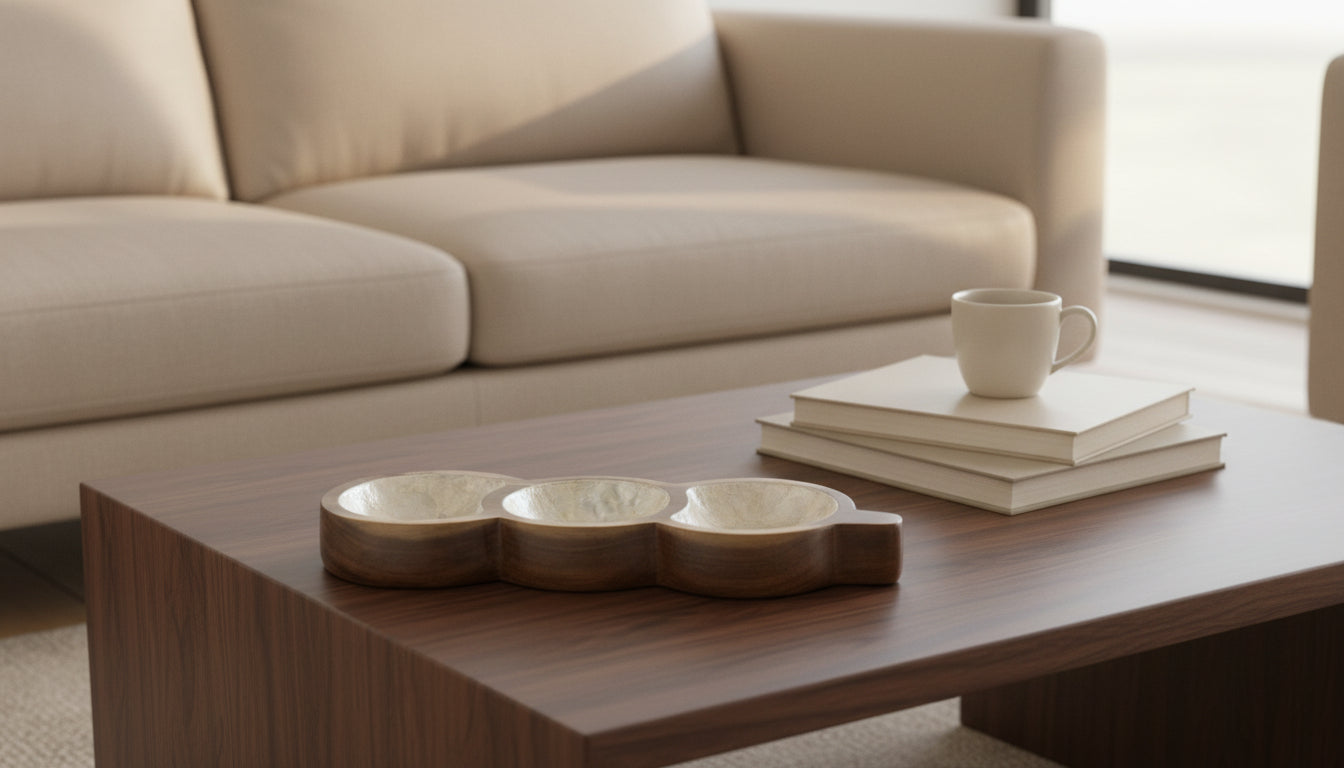 Handcrafted three-section tray featuring natural mother-of-pearl shell and hardwood styled in modern interior by Lumora Luxe