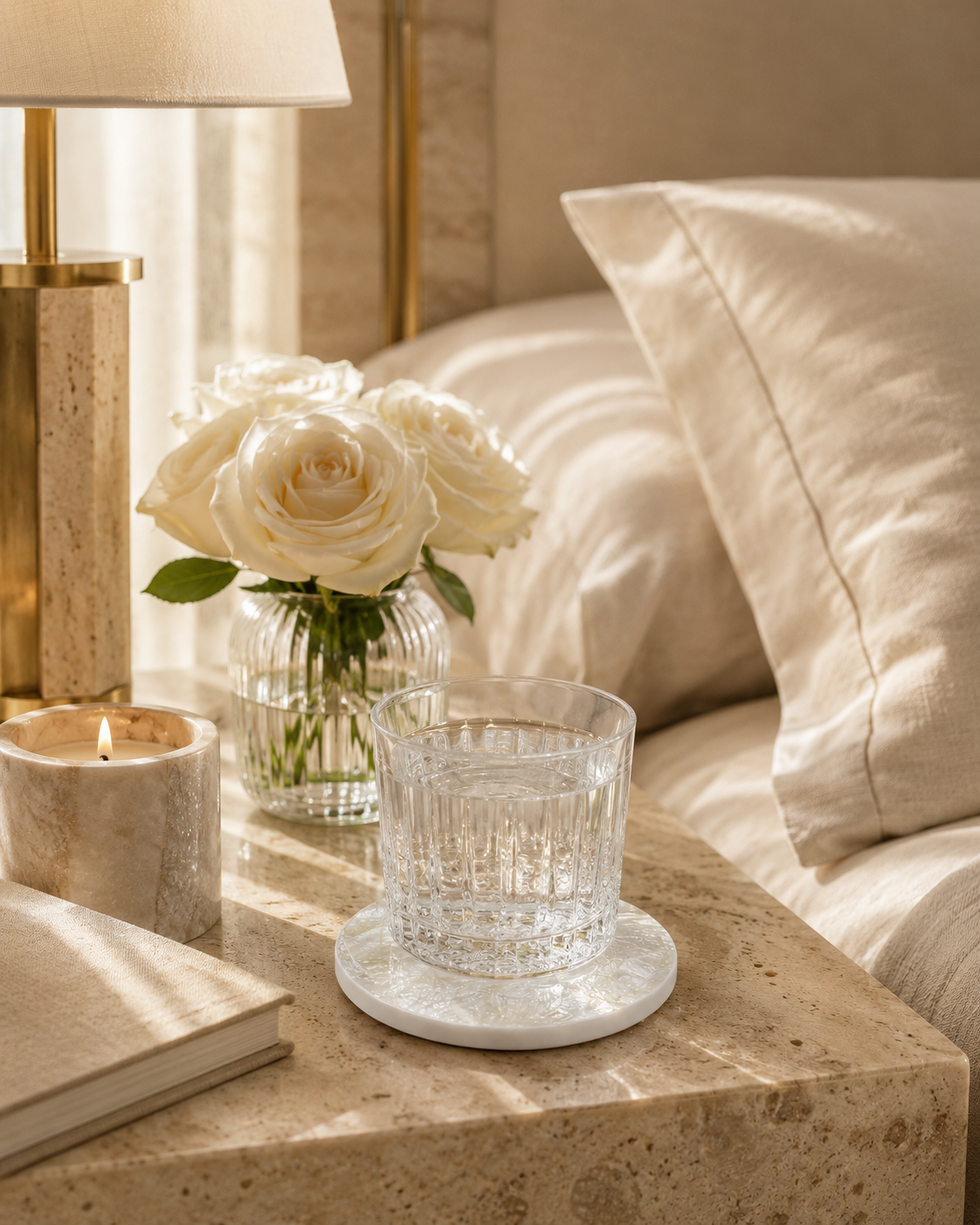 Mother of pearl coaster on Decorative setting with a glass of water, candle, and flowers on a marble surface.