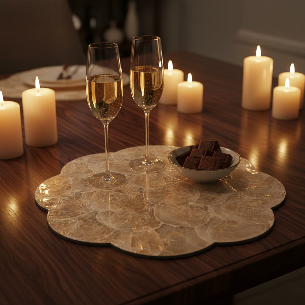 Handcrafted mother-of-pearl placemat with natural iridescent shell styled on dining table by Lumora Luxe