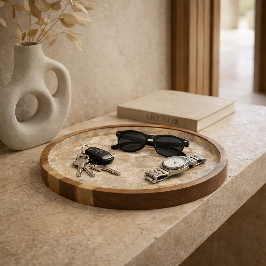 Handcrafted catchall tray featuring natural mother-of-pearl shell and hardwood in refined interior by Lumora Luxe