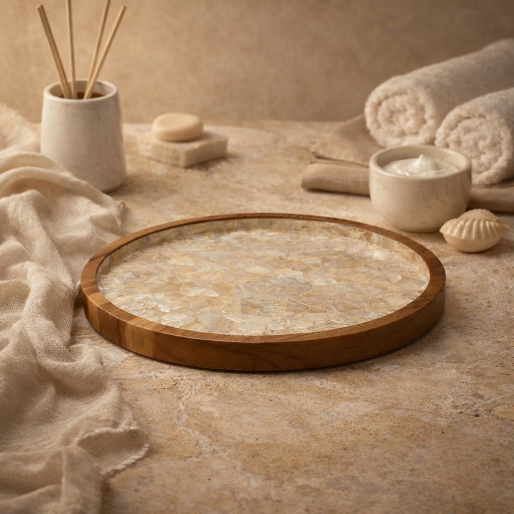 Handcrafted hardwood tray with genuine mother-of-pearl inlay styled in elegant home interior by Lumora Luxe