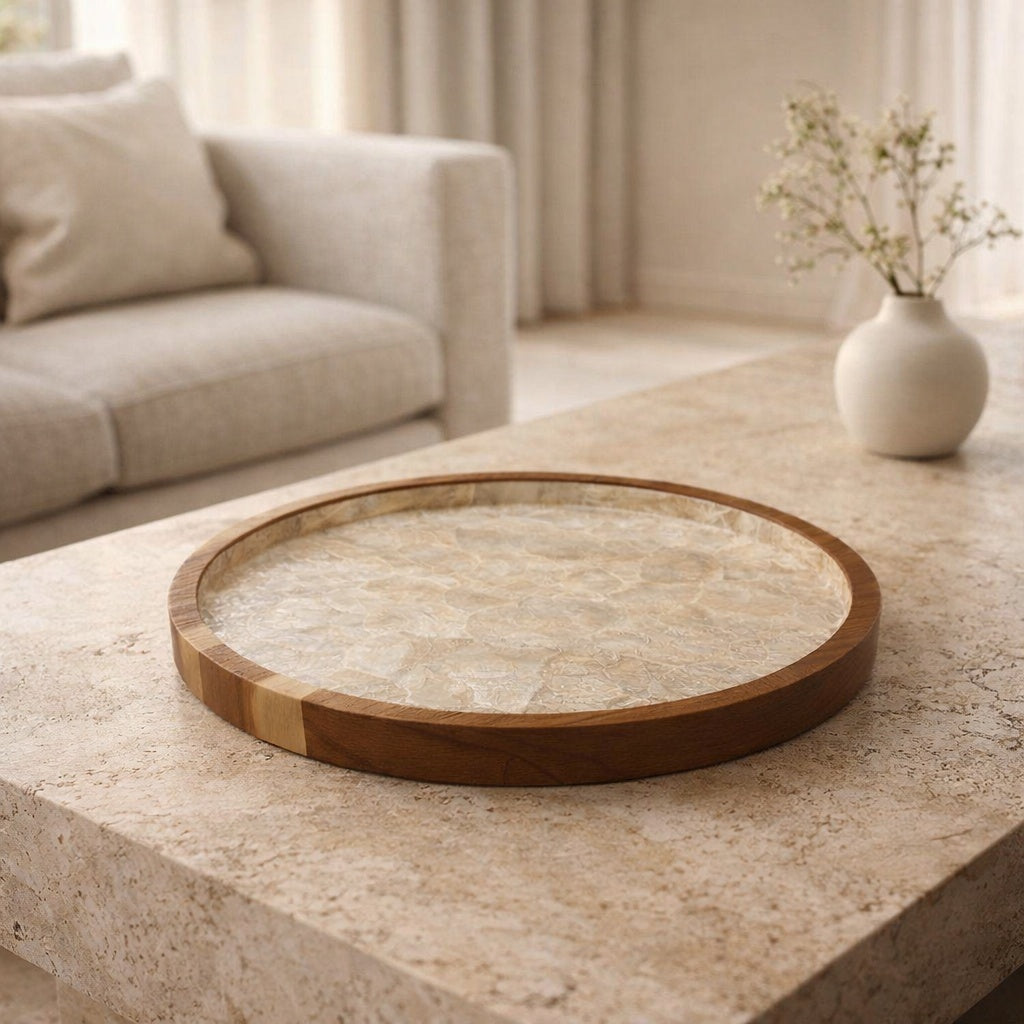 Handcrafted hardwood tray with genuine mother-of-pearl inlay styled in elegant home interior by Lumora Luxe