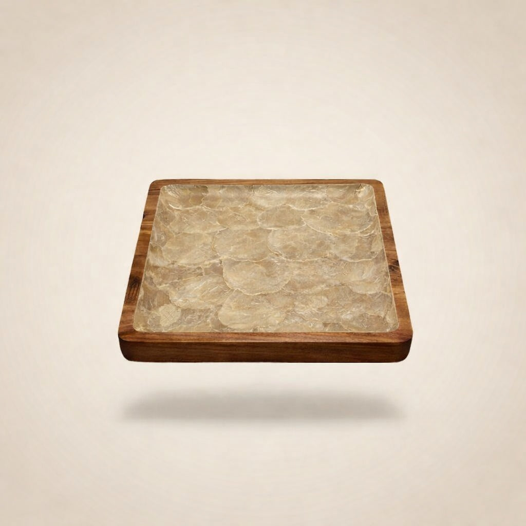 Handcrafted square tray featuring natural mother-of-pearl shell and hard wood by Lumora Luxe