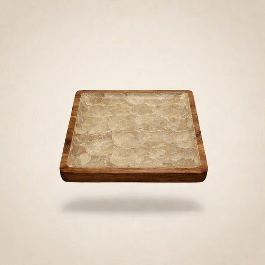 Handcrafted square tray featuring natural mother-of-pearl shell and hard wood by Lumora Luxe