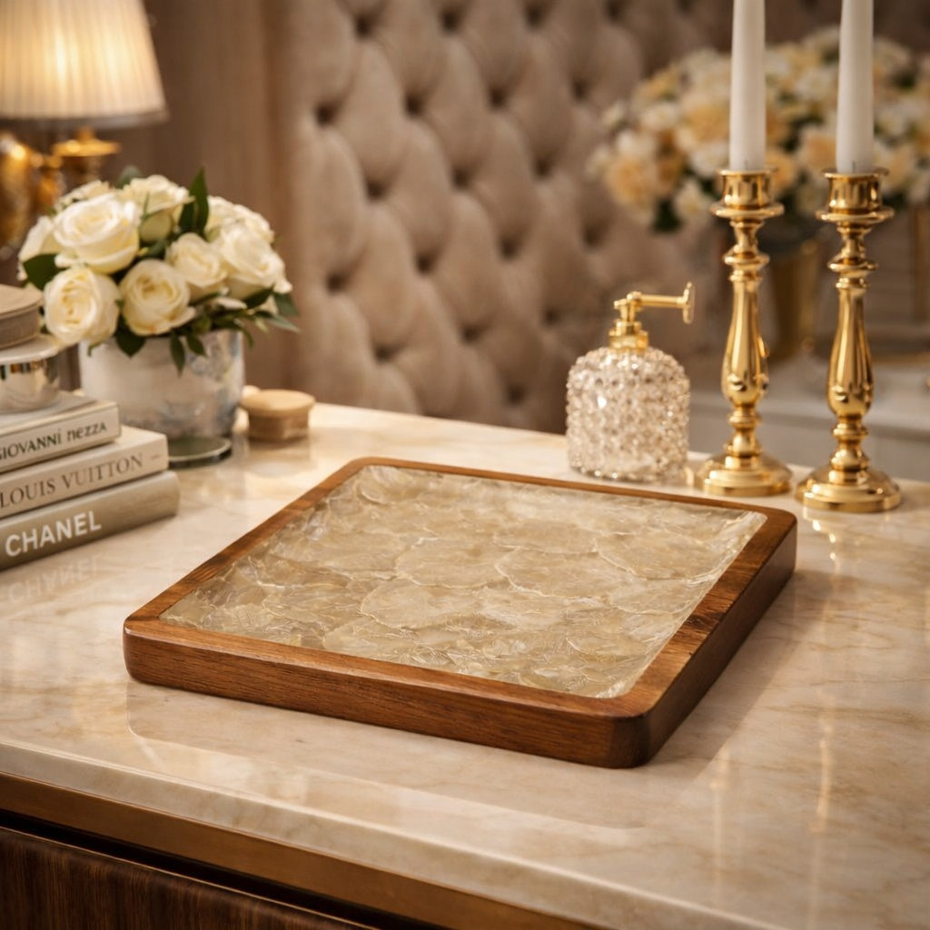 Handcrafted square tray featuring natural mother-of-pearl shell and hardwood in luxury interior by Lumora Luxe