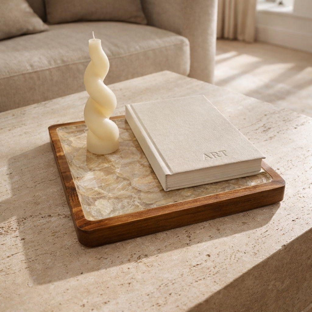 Handcrafted square tray featuring natural mother-of-pearl shell and hardwood in elegant home setting by Lumora Luxe
