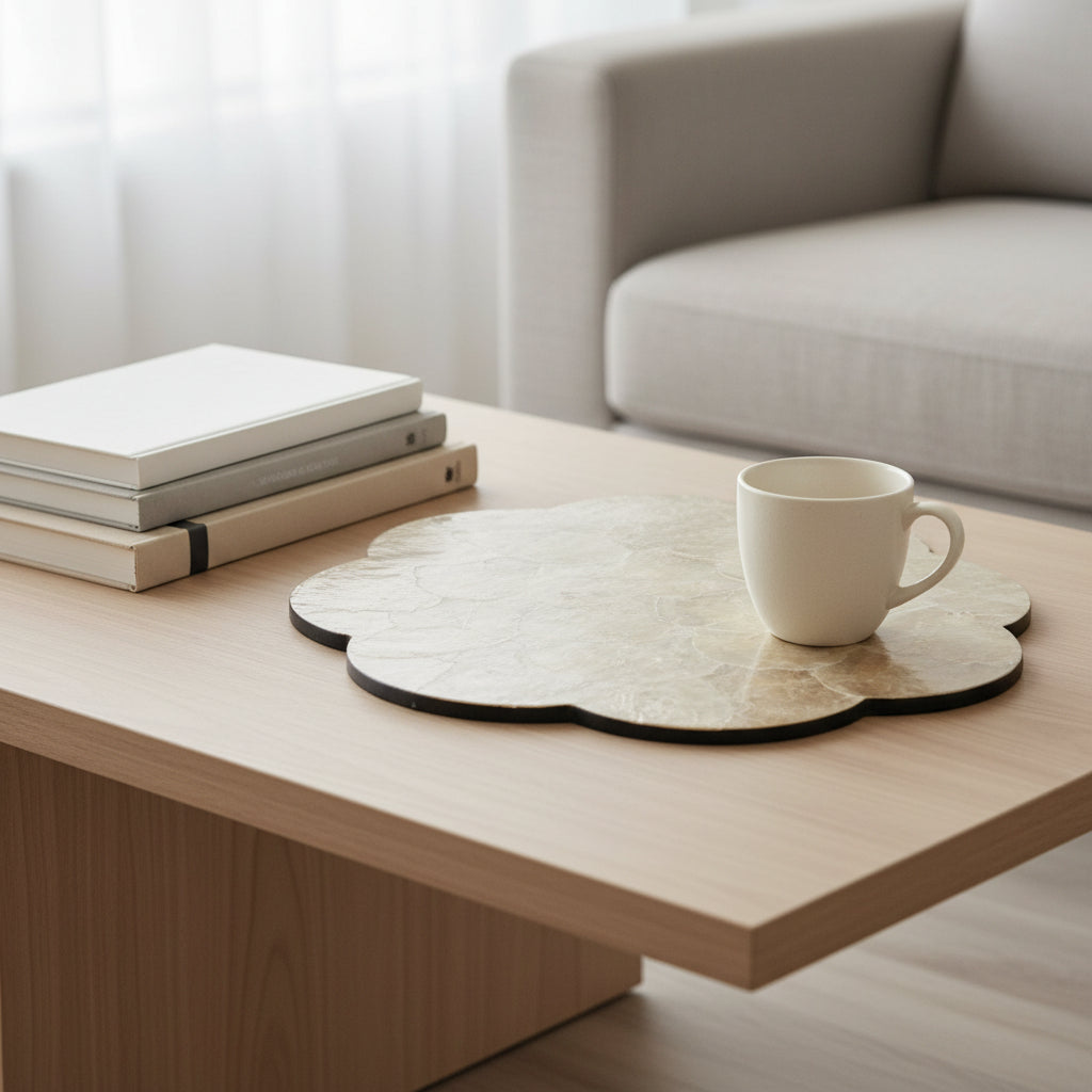 Handcrafted placemat featuring layered mother-of-pearl shell with soft natural iridescence by Lumora Luxe