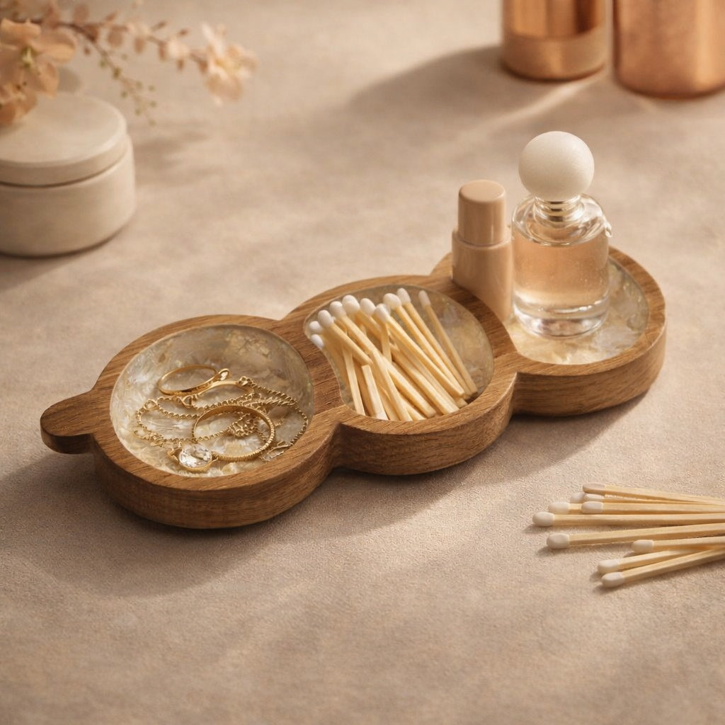 Handcrafted three-section tray featuring natural mother-of-pearl shell and hard wood used for organizing jewelry by Lumora Luxe