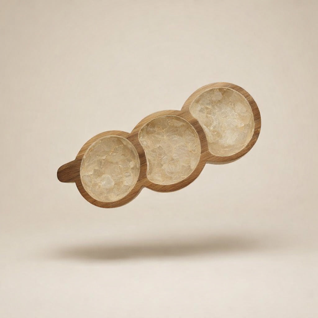 Handcrafted three-section serving tray featuring natural mother-of-pearl shell and hardwood by Lumora Luxe