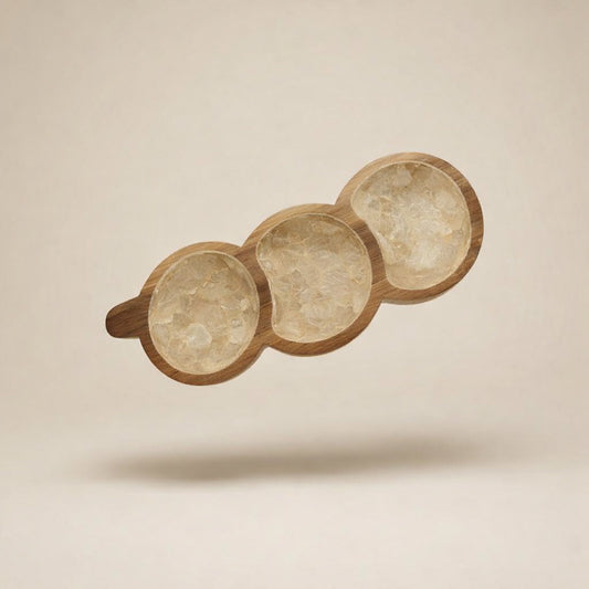 Handcrafted three-section serving tray featuring natural mother-of-pearl shell and hardwood by Lumora Luxe