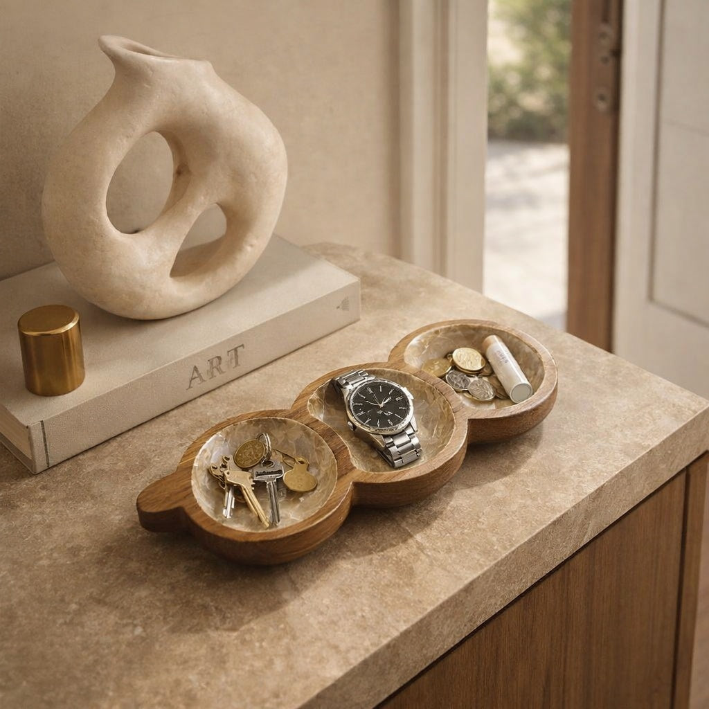 Handcrafted three-section organizer tray featuring natural mother-of-pearl shell and hard wood in refined interior by Lumora Luxe