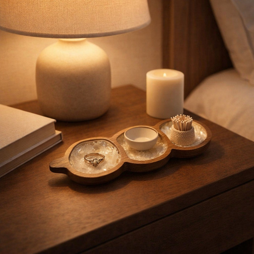 Handcrafted three-section tray featuring natural mother-of-pearl shell and hard wood in warm interior setting by Lumora Luxe