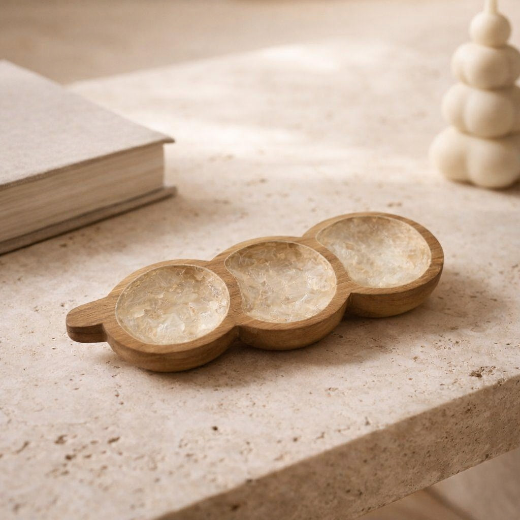 Handcrafted three-section tray featuring natural mother-of-pearl shell and hardwood in elegant setting by Lumora Luxe