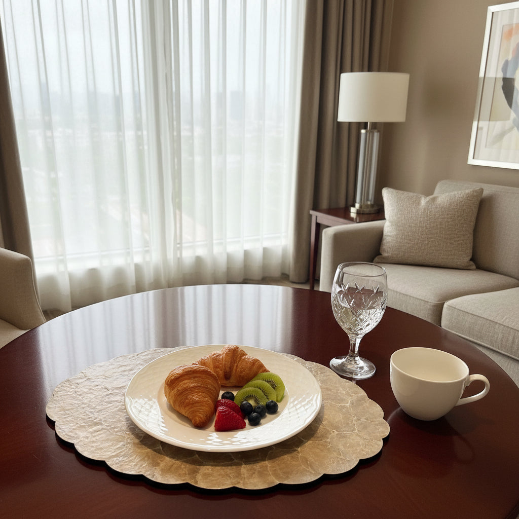 Handcrafted placemat featuring layered mother-of-pearl shell with soft natural iridescence by Lumora Luxe