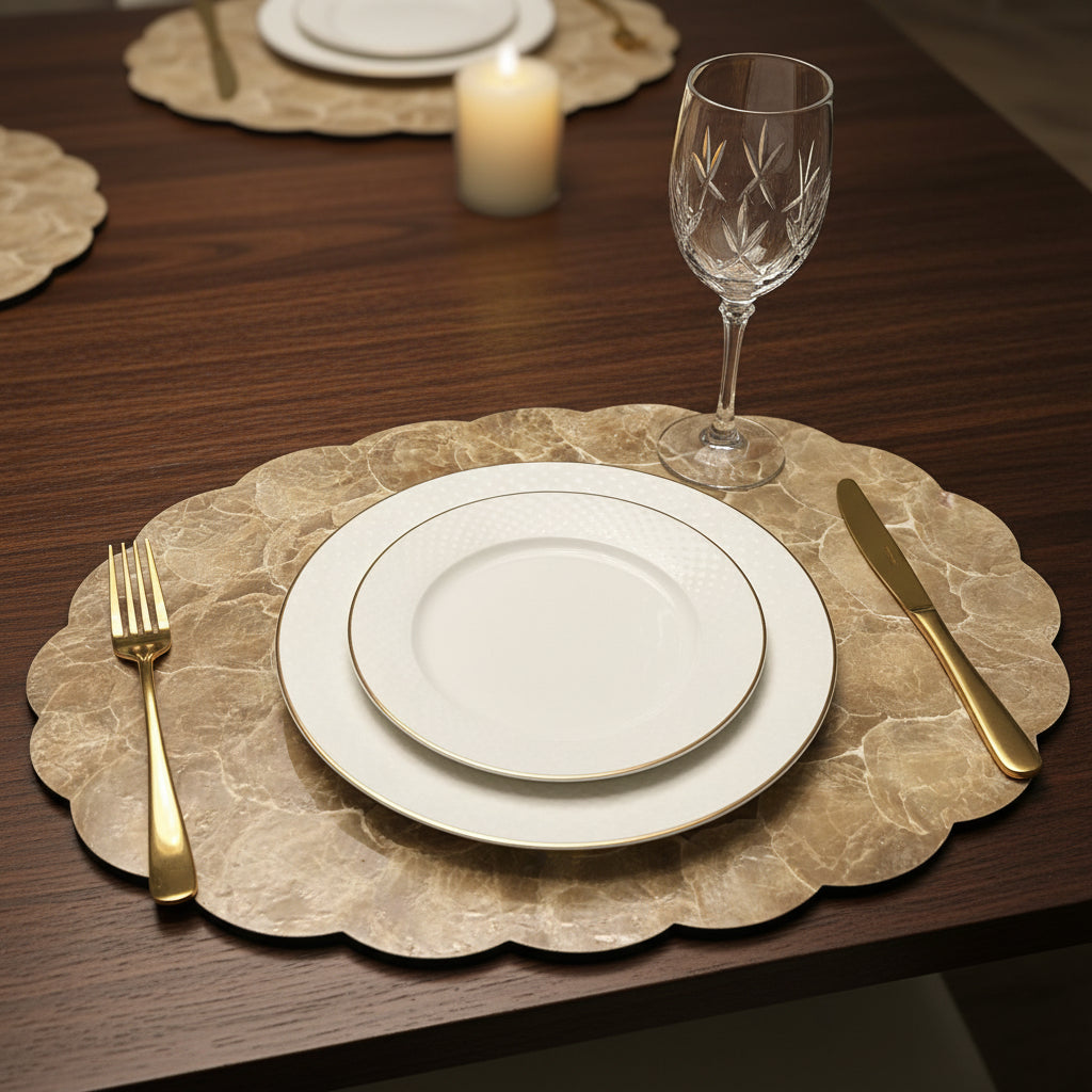 Handcrafted placemat featuring layered mother-of-pearl shell with soft natural iridescence by Lumora Luxe