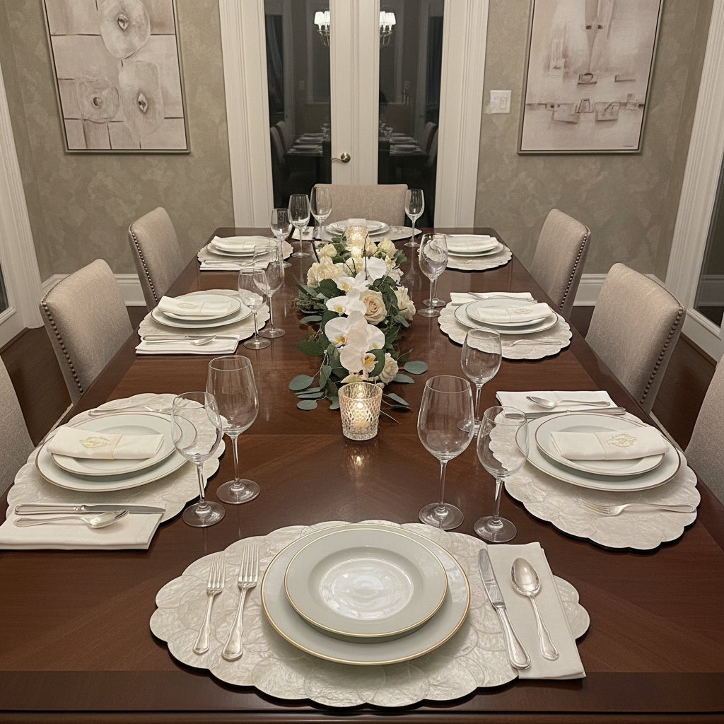 Handcrafted placemats featuring layered mother-of-pearl shell with soft natural iridescence in elegant dining scene by Lumora Luxe