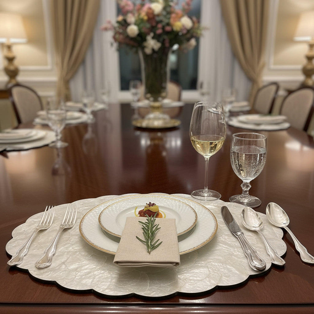 Handcrafted placemat featuring layered mother-of-pearl shell with soft natural iridescence in elegant dining setting by Lumora Luxe
