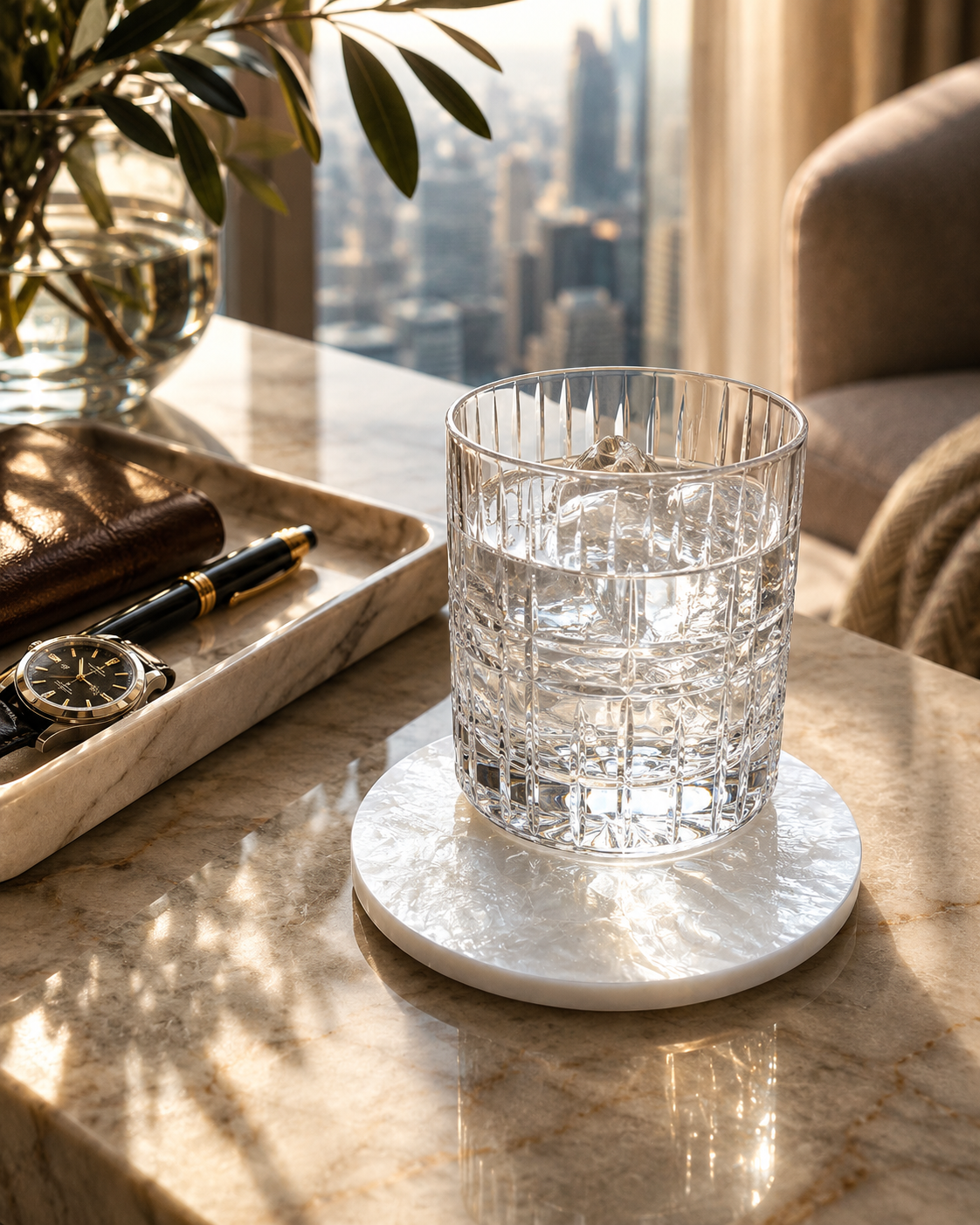Mother of pearl coaster with a cityscape view in the background