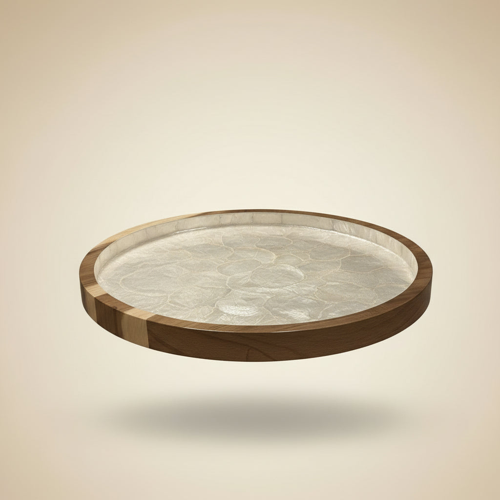 Handcrafted round tray featuring natural mother-of-pearl shell and hardwood by Lumora Luxe