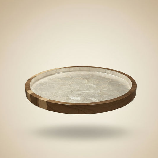 Handcrafted round tray featuring natural mother-of-pearl shell and hardwood by Lumora Luxe