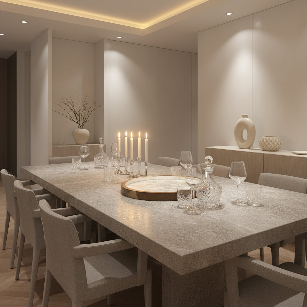 Handcrafted round tray featuring natural mother-of-pearl shell and hardwood styled in elegant interior by Lumora Luxe