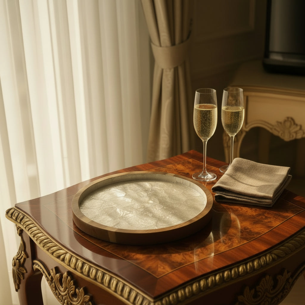 Handcrafted round tray featuring natural mother-of-pearl shell and hardwood styled in elegant interior by Lumora Luxe