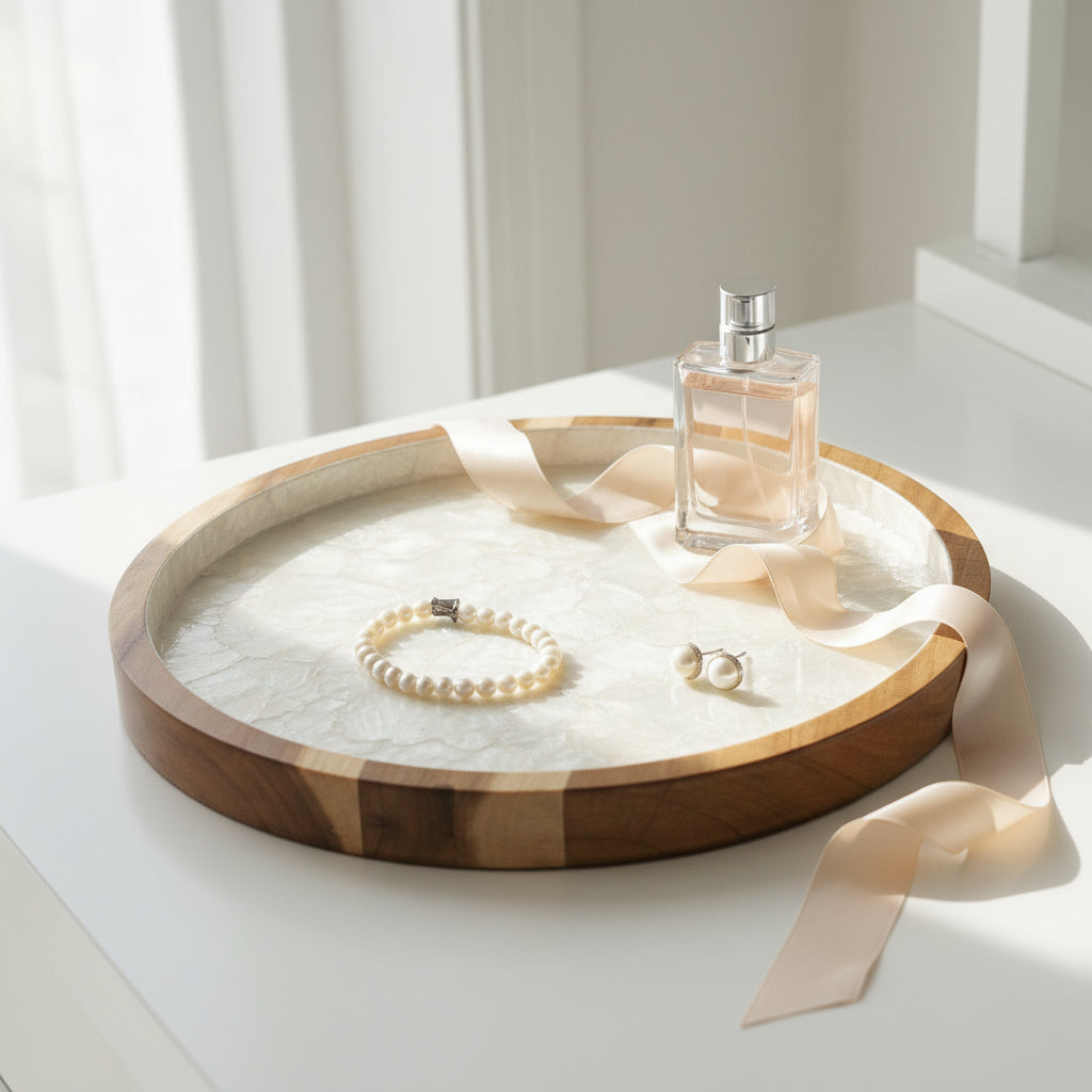 Handcrafted round tray featuring natural mother-of-pearl shell and hardwood in refined setting by Lumora Luxe