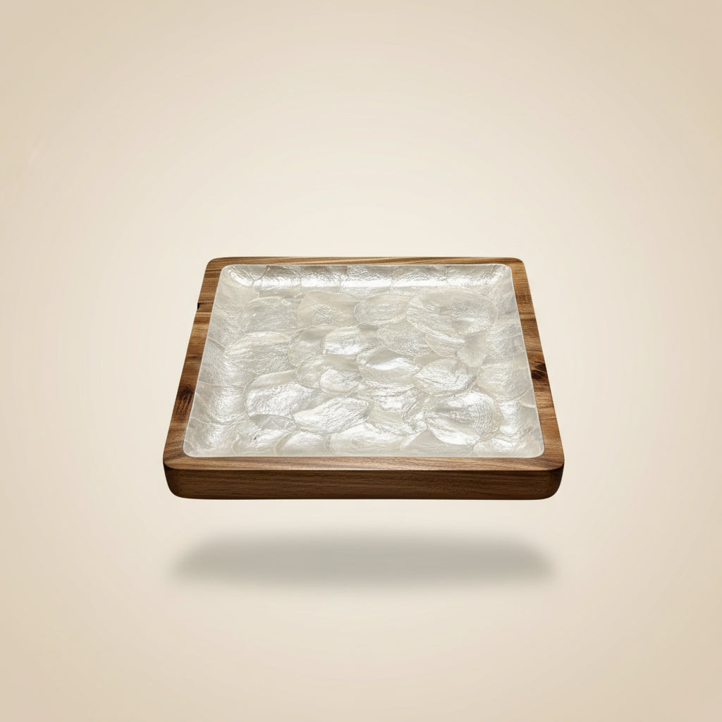 Handcrafted square tray featuring natural light mother-of-pearl shell and hardwood by Lumora Luxe