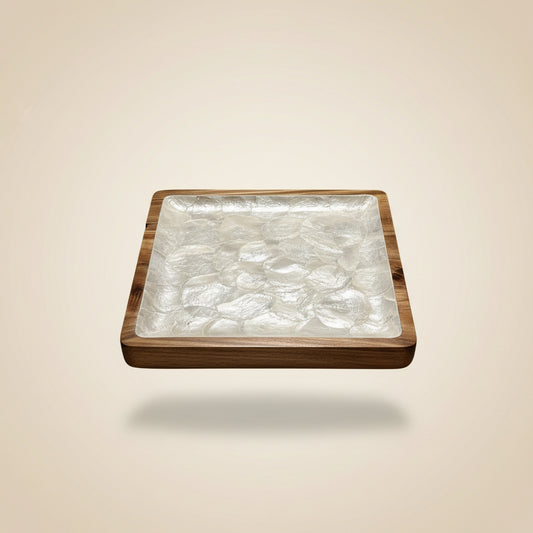 Handcrafted square tray featuring natural light mother-of-pearl shell and hardwood by Lumora Luxe