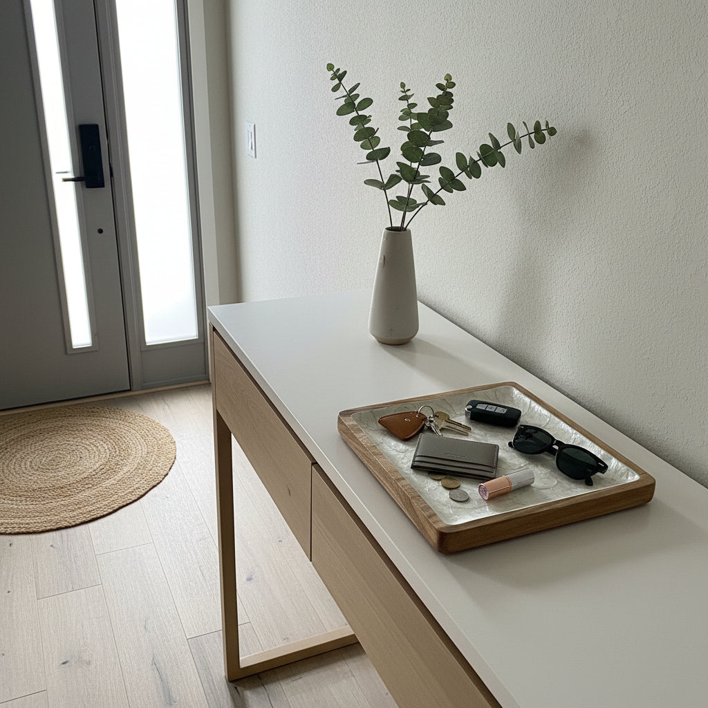 Handcrafted square tray featuring natural mother-of-pearl shell and hardwood used for organizing small essentials by Lumora Luxe