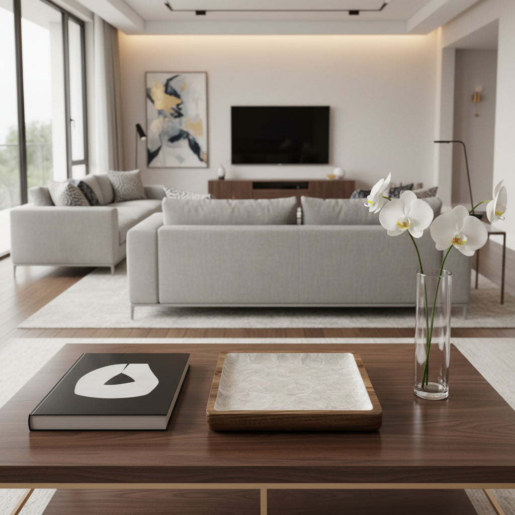 Handcrafted square tray featuring natural mother-of-pearl shell and hardwood styled in refined interior by Lumora Luxe