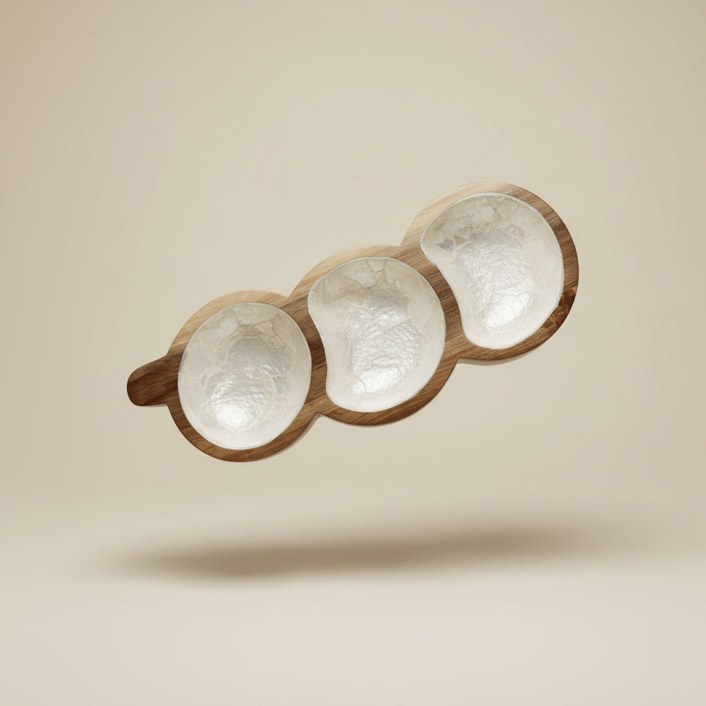 Handcrafted three-section tray featuring natural light mother-of-pearl shell and hardwood by Lumora Luxe