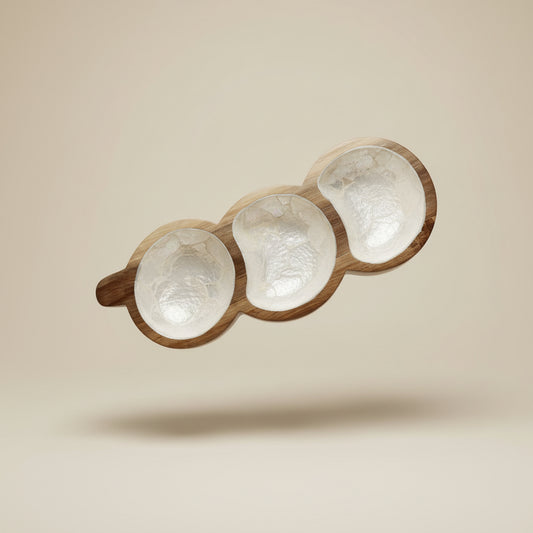 Handcrafted three-section tray featuring natural light mother-of-pearl shell and hardwood by Lumora Luxe