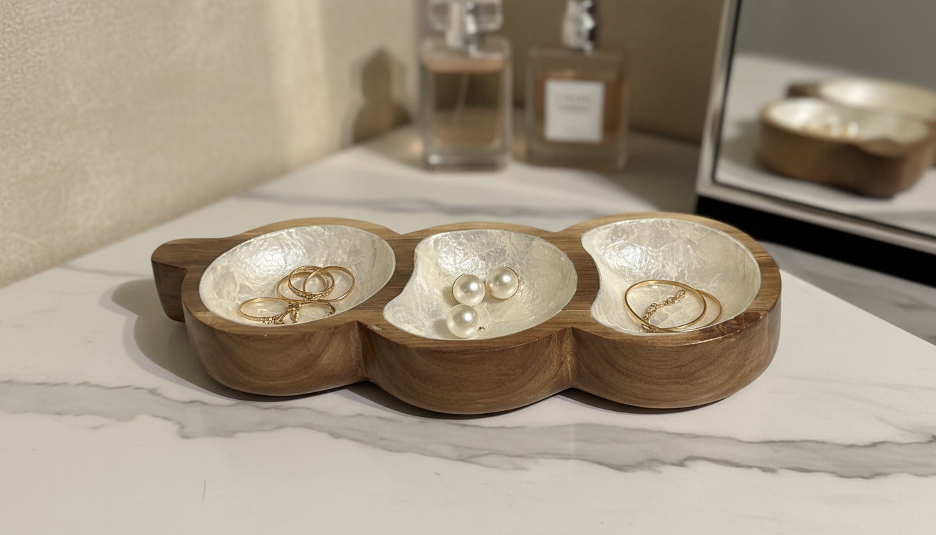 Handcrafted three-section tray featuring natural mother-of-pearl shell and hardwood used for organizing small essentials by Lumora Luxe