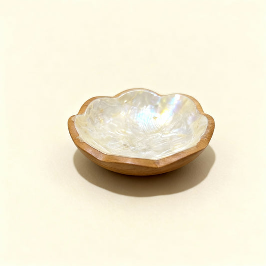 Handcrafted small dish featuring natural mother-of-pearl shell and hardwood by Lumora Luxe