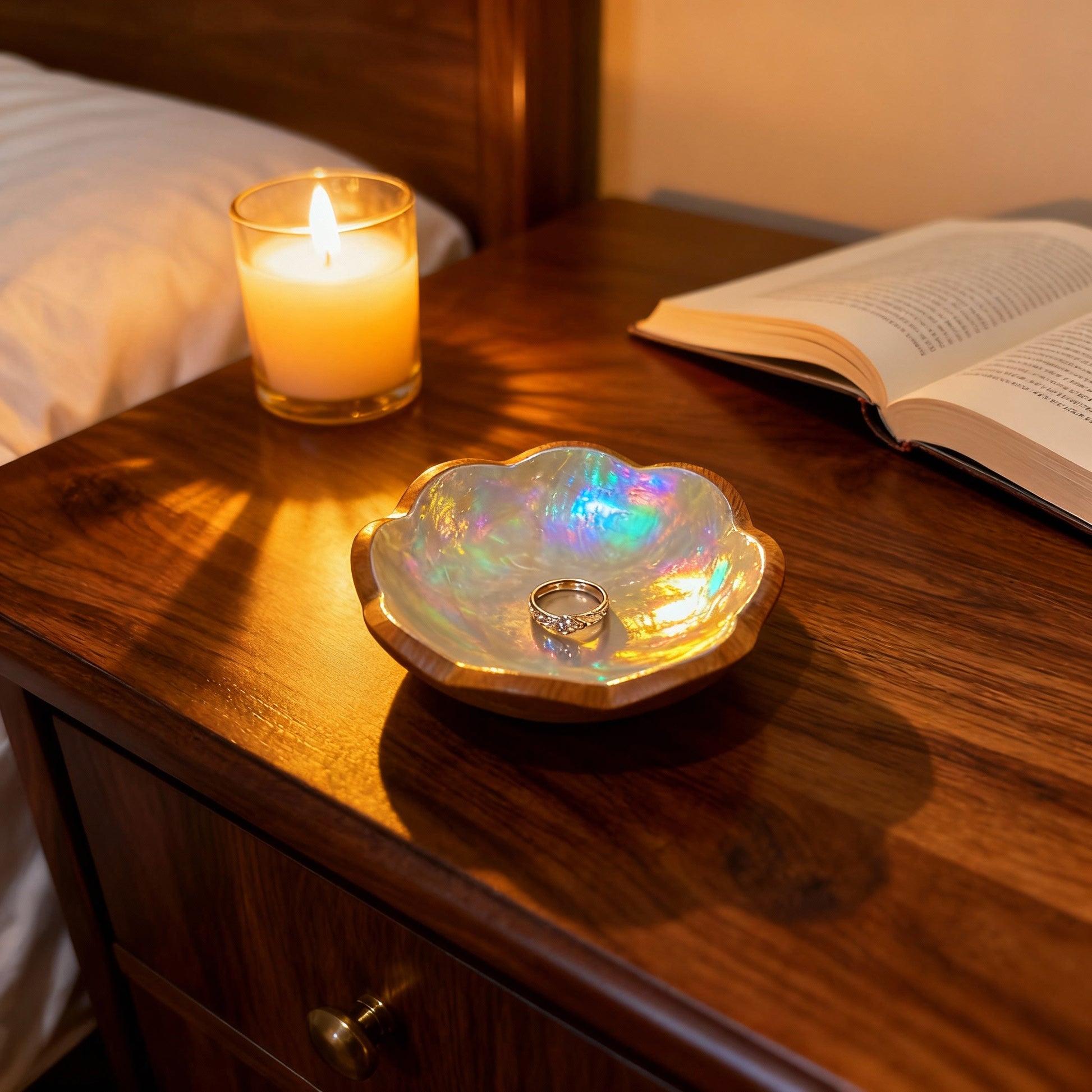 Handcrafted small dish featuring natural mother-of-pearl shell and hardwood used as jewelry dish by Lumora Luxe