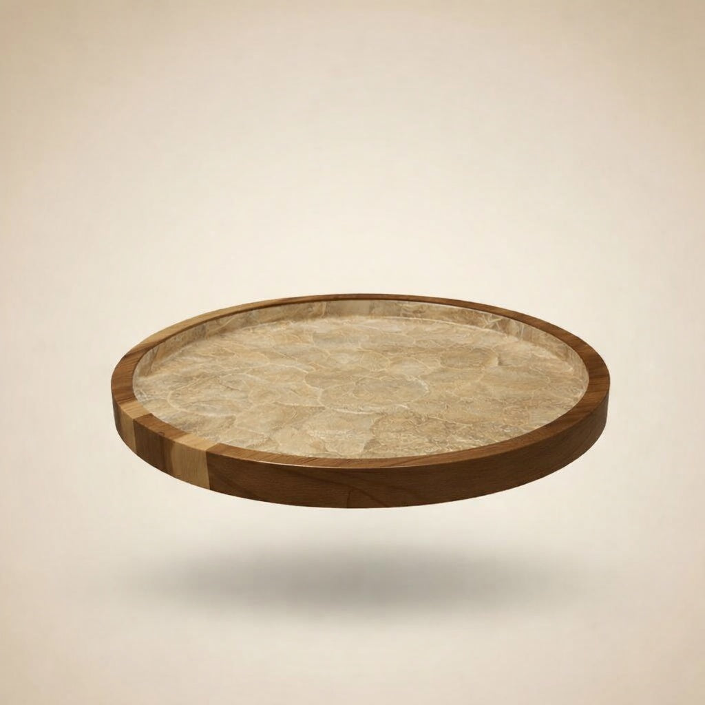Handcrafted round tray featuring genuine mother-of-pearl shell and hardwood by Lumora Luxe