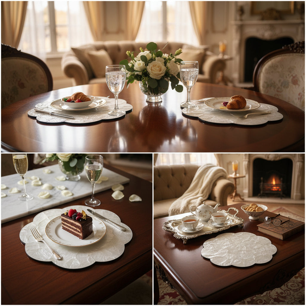 Handcrafted placemats featuring layered mother-of-pearl shell with soft natural iridescence in elegant dining scenes by Lumora Luxe