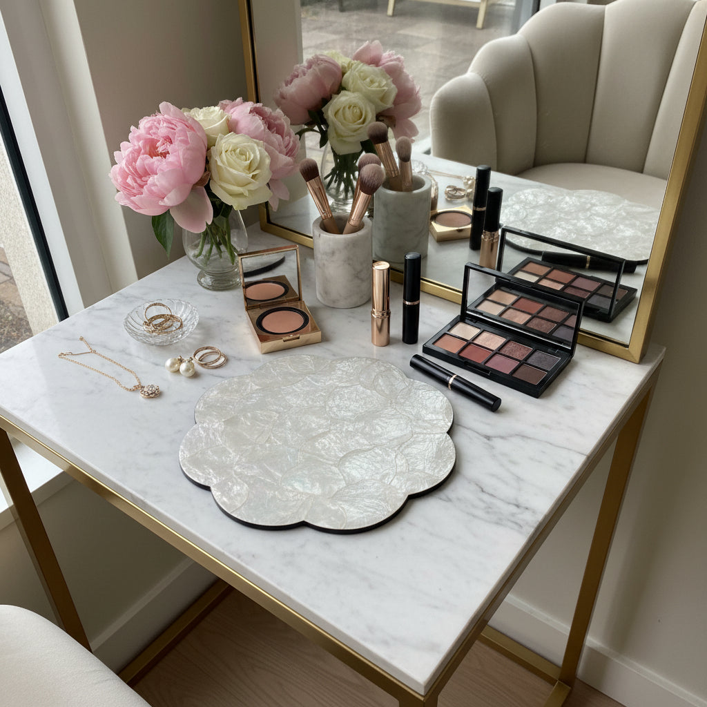 Handcrafted placemat featuring layered light mother-of-pearl shell with soft natural iridescence by Lumora Luxe