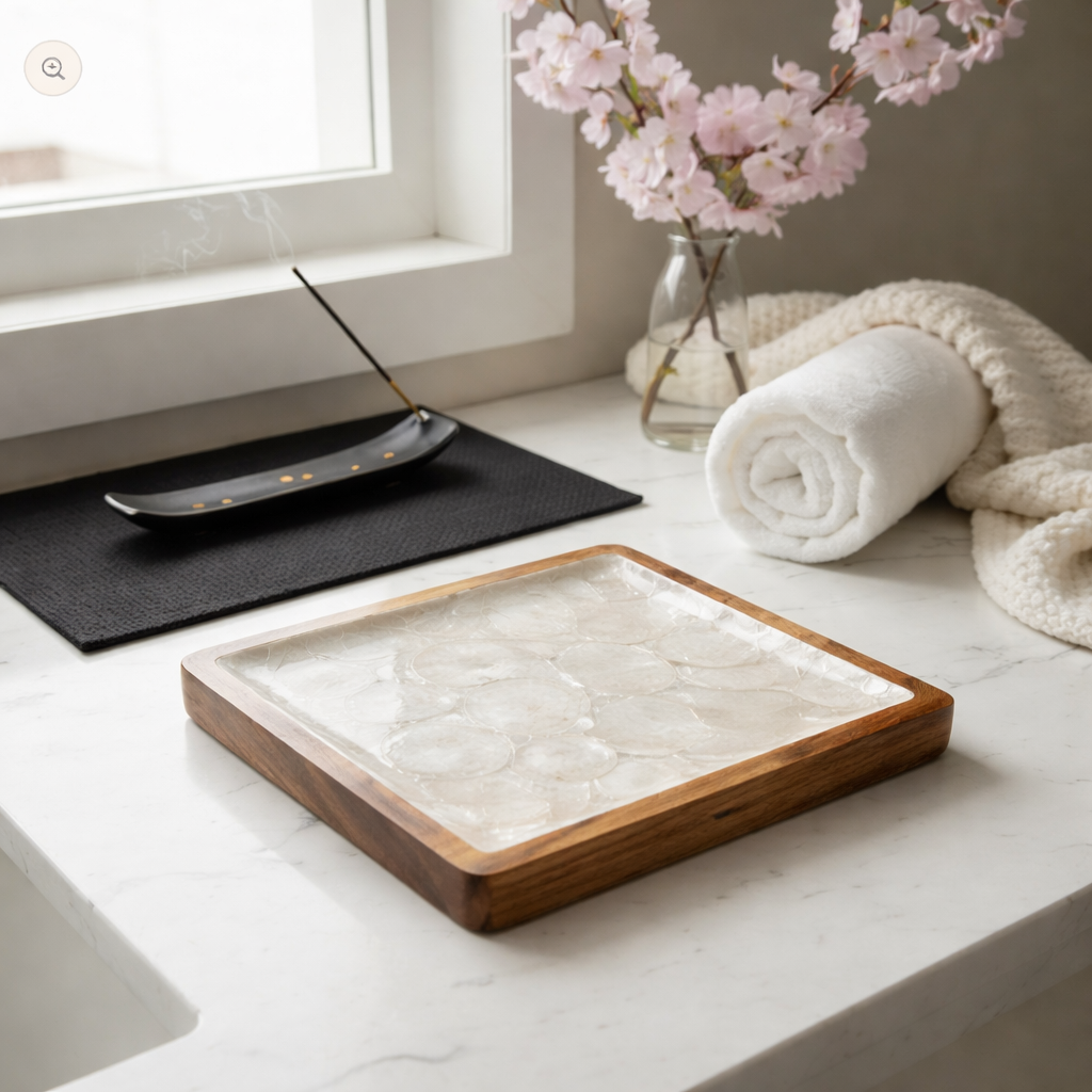 Handcrafted square tray featuring natural mother-of-pearl shell and hardwood styled in refined interior by Lumora Luxe