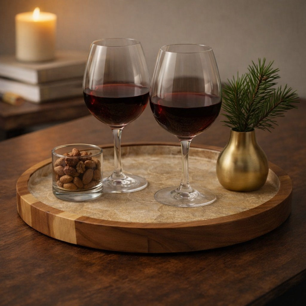 Handcrafted serving tray featuring natural mother-of-pearl shell and hardwood in elegant setting by Lumora Luxe